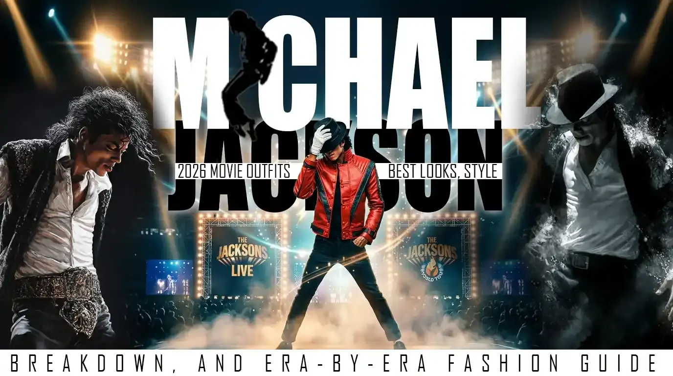 Banner for michael jackson 2026 movie outfits with three stage looks, bold title text, and concert lights.