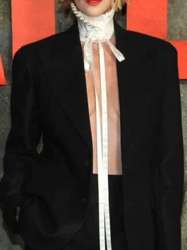 Apex Premiere Charlize Theron Black Blazer from the Netflix Apex premiere in bold black suiting with a sharp lapel collar and a refined open style everyday build.