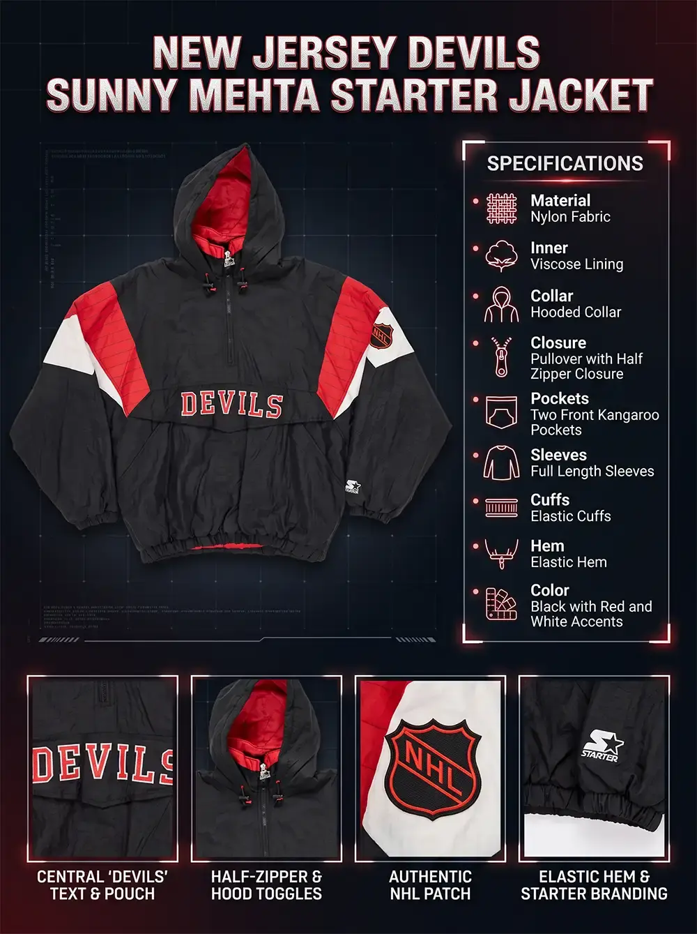 An infographic detailing a black New Jersey Devils starter jacket with red and white accents, a hooded collar, a half-zipper pullover design, and an authentic NHL patch.