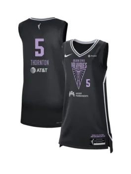 Golden State Valkyries Kayla Thornton Victory Badge Jersey featuring professional fabric panels and luxury pullover closure.