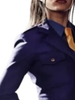 Street Fighter 2026 Juli Overcoat as worn by Rayna Vallandingham in bold blue cotton with a lapel collar and a commanding Street Fighter movie silhouette.