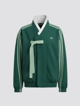 Front view of the Stray Kids x Adidas Hanbok Jacket in dark green.