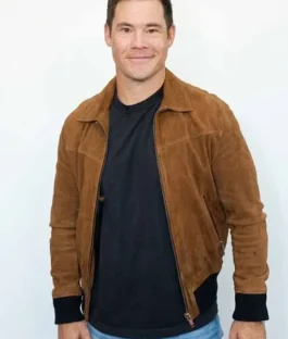 Super Bowl 2026 Adam Devine Brown Suede Jacket