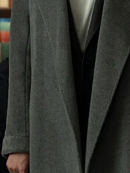 Elsbeth S03 Nina Taylor Grey Wool Coat highlighting professional wool grain and luxury side pockets.