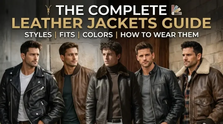 Leather Jackets Guide banner showing five men in biker, bomber, and shearling leather jackets