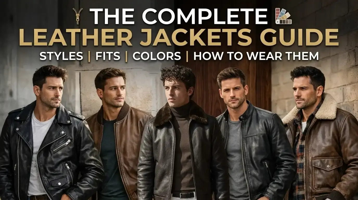 Leather Jackets Guide banner showing five men in biker, bomber, and shearling leather jackets