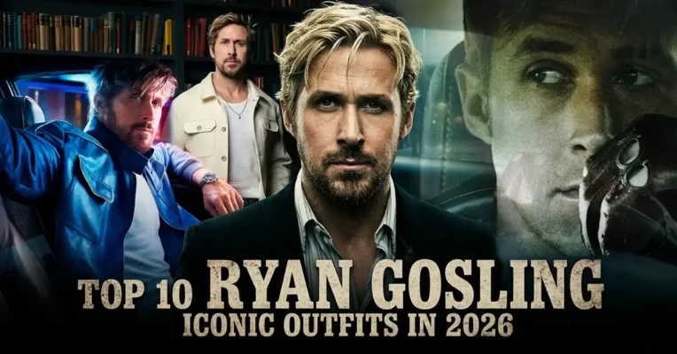 Feature image for Ryan Gosling Iconic Outfits, showing a cinematic collage with the 2026 title text.