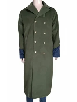 Full-length front view of a dark green double-breasted wool trench coat on a mannequin featuring gold buttons, wide lapels, and blue cuff inserts.