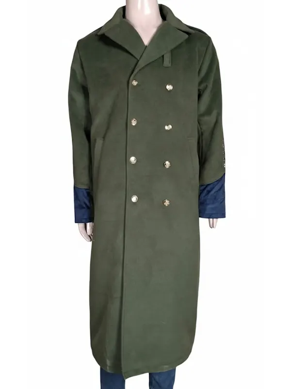 Full-length front view of a dark green double-breasted wool trench coat on a mannequin featuring gold buttons, wide lapels, and blue cuff inserts.