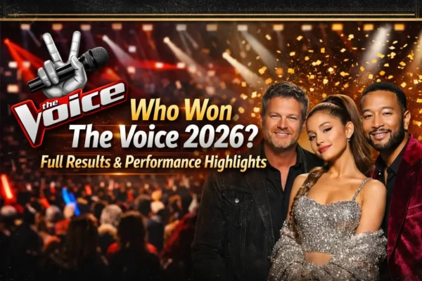 Banner for Who Won The Voice 2026 with The Voice logo, stage lights, crowd, and three featured judges.