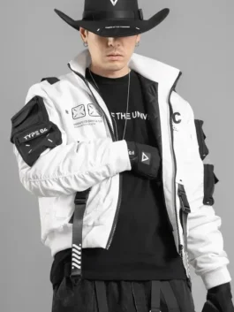 Close-up of the fabric on the XB-04 White Short Bomber Jacket.