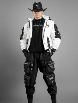 Close-up of the front closure on the XB-04 White Short Bomber Jacket.