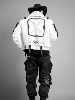 Full back view of the stylish XB-04 White Short Bomber Jacket.