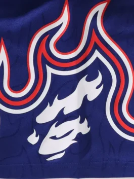 Adidas Bape 93 Flame Jersey in bold blue polyester with striking flame graphics and a clean shirt collar half sleeve athletic silhouette.