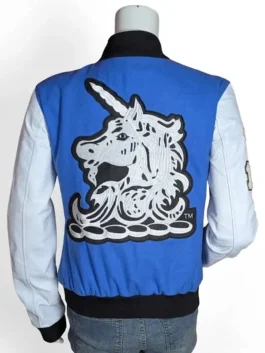 Adidas Boston Marathon 26 Varsity Jacket back view highlighting professional blue finish and luxury rib knitted hem.