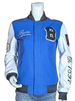 Adidas Boston Marathon 26 Varsity Jacket front view highlighting professional wool grain and luxury rib knitted collar.