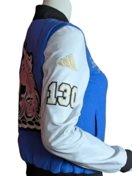 Adidas Boston Marathon 26 Varsity Jacket in professional blue wool and luxury white leather sleeves.