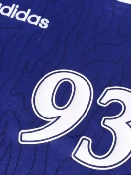 Adidas Bape 93 Flame Jersey styled as a bold blue polyester tee with iconic 93 flame graphics and a clean Adidas x Bape collab everyday finish.