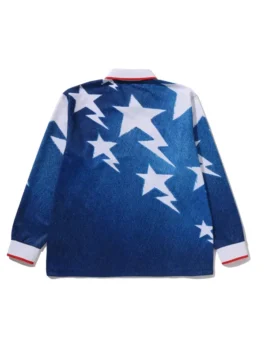 Adidas X Bape LS Star Jersey back view in bold blue cotton fleece with crisp white star detailing and a clean full sleeve athletic silhouette.