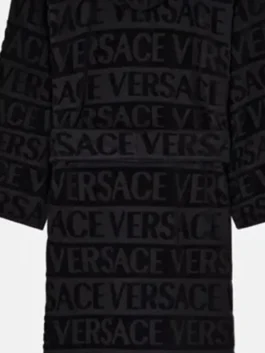 Versace Ivy Wiza Full Black Bathrobe featuring professional fabric panels and a luxury belted closure.