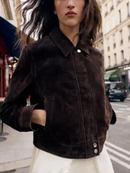 Supinder Wraich Suede Jacket in professional dark brown finish with luxury waist and inner pockets.