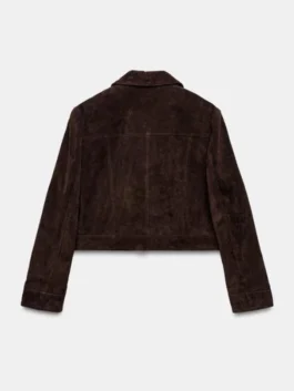 Supinder Wraich Suede Jacket back view in professional dark brown suede with luxury tailored stitching.
