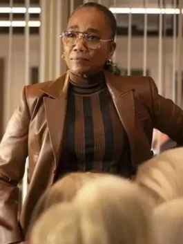 Will Trent S03 Amanda Wagner Leather Blazer featuring professional leather panels and a luxury buttoned closure.