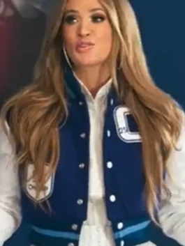 American Idol 2026 Carrie Underwood Varsity Jacket in blue and white wool with leather sleeves and Carrie's bold on-stage judge energy.