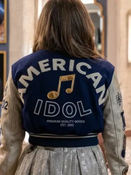 American Idol 2026 Carrie Underwood Varsity Jacket back view in blue and white with wool body, leather sleeves and a clean varsity silhouette.