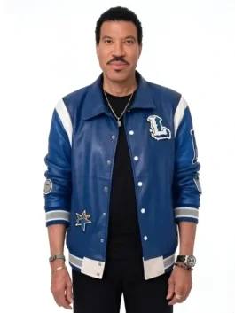 American Idol Lionel Richie Blue Varsity Jacket 2026 front view in bold blue leather with snap tab buttons and a clean varsity shirt collar.