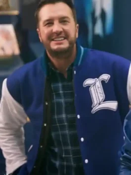 Luke Bryan American Idol 2026 Varsity Jacket in blue and white letterman style with wool body, leather sleeves and Luke's effortless country charm.