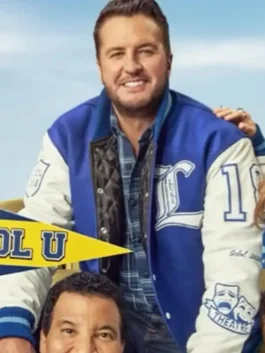 Luke Bryan American Idol 2026 Varsity Jacket in striking blue and white with a wool body, leather sleeves and a sharp snap tab button closure.