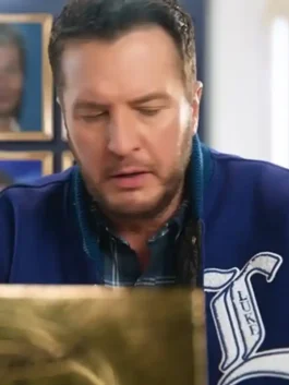 Luke Bryan American Idol 2026 Varsity Jacket letterman edition in bold blue wool with white leather sleeves and a classic rib knitted collar finish.