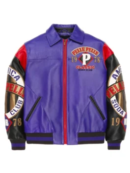American Soda Club Pelle Pelle Jacket in bold purple real leather with multicolor sleeves and Pelle Pelle's legendary streetwear craftsmanship throughout.