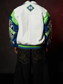 Pelle Pelle American Soda Club Jacket in striking white real leather with bold multicolor sleeves and Pelle Pelle's legendary American Soda Club heritage.