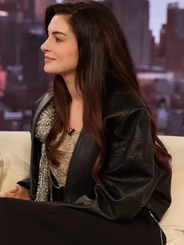 Anne Hathaway The Drew Barrymore Leather Jacket in bold black real leather with a clean collarless open style and Anne Hathaway's refined cropped everyday presence.
