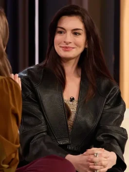 Anne Hathaway The Drew Barrymore Leather Jacket in rich black real leather with a collarless silhouette and Anne Hathaway's bold refined everyday fashion presence.