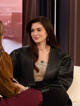 Anne Hathaway The Drew Barrymore Leather Jacket front view in sleek black real leather with a clean collarless open design and a sharp cropped everyday silhouette.
