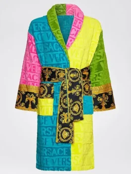 Versace Ari Haley Rich In Color Robe featuring professional fabric panels and a luxury belted closure.