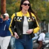Aspen Trip 2023 Kendall Jenner Leather Jacket in professional black and yellow real leather with an erect collar.
