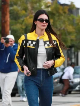Aspen Trip 2023 Kendall Jenner Leather Jacket in professional black and yellow real leather with an erect collar.