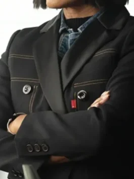 Angela Bassett 9-1-1 S09 Cropped Jacket in professional black denim with luxury lapel style collar.