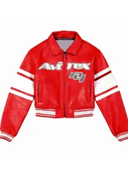 Avirex NY Womens Cropped Leather Jacket in premium real leather with a shirt style collar, rib knitted cuffs and Avirex's bold cropped women's zip-up build.