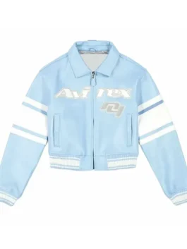 Avirex NY Womens Cropped Leather Jacket in fresh light blue real leather with a shirt collar and a clean bold cropped zip-up everyday women's silhouette.