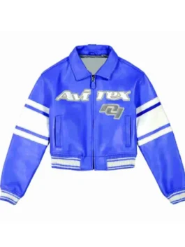 Avirex NY Womens Cropped Leather Jacket in striking royal blue real leather with a sharp shirt collar and Avirex's bold cropped everyday women's zip-up build.