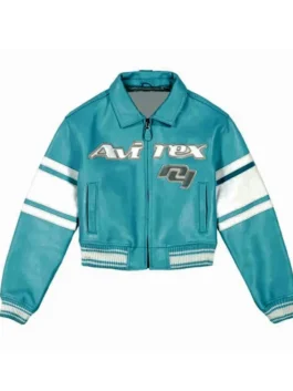 Avirex NY Womens Cropped Leather Jacket in vibrant aqua blue real leather with a shirt collar and a sharp clean cropped zip-up everyday silhouette for women.