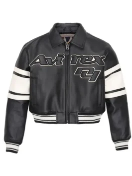 Avirex NY Womens Cropped Leather Jacket in sleek black real leather with a shirt style collar and Avirex's sharp bold cropped zip-up women's silhouette.