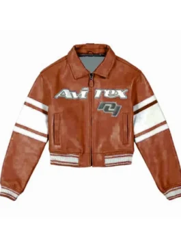 Avirex NY Womens Cropped Leather Jacket in warm brown real leather with a shirt style collar and a sharp relaxed cropped zip-up everyday women's build.