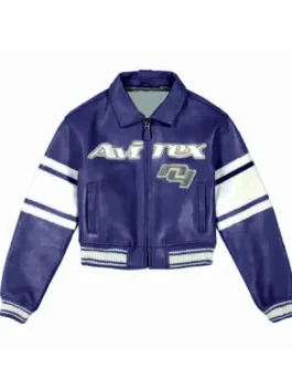 Avirex NY Womens Cropped Leather Jacket in rich navy blue real leather with a shirt collar and a sharp cropped zip-up everyday silhouette for women.