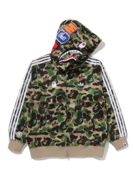 Bape x Adidas Camo Shark Full Zip Hoodie in striking camo cotton fleece with iconic shark detailing, rib knitted cuffs and a clean full zip build.